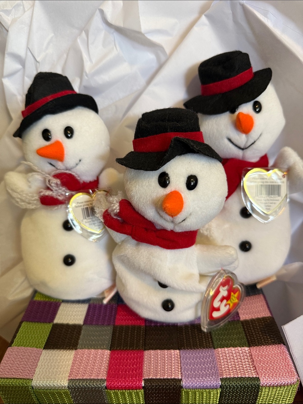 Ty White Snowman Plush Toys with Black Hats and Red Scarves (Set of 3)